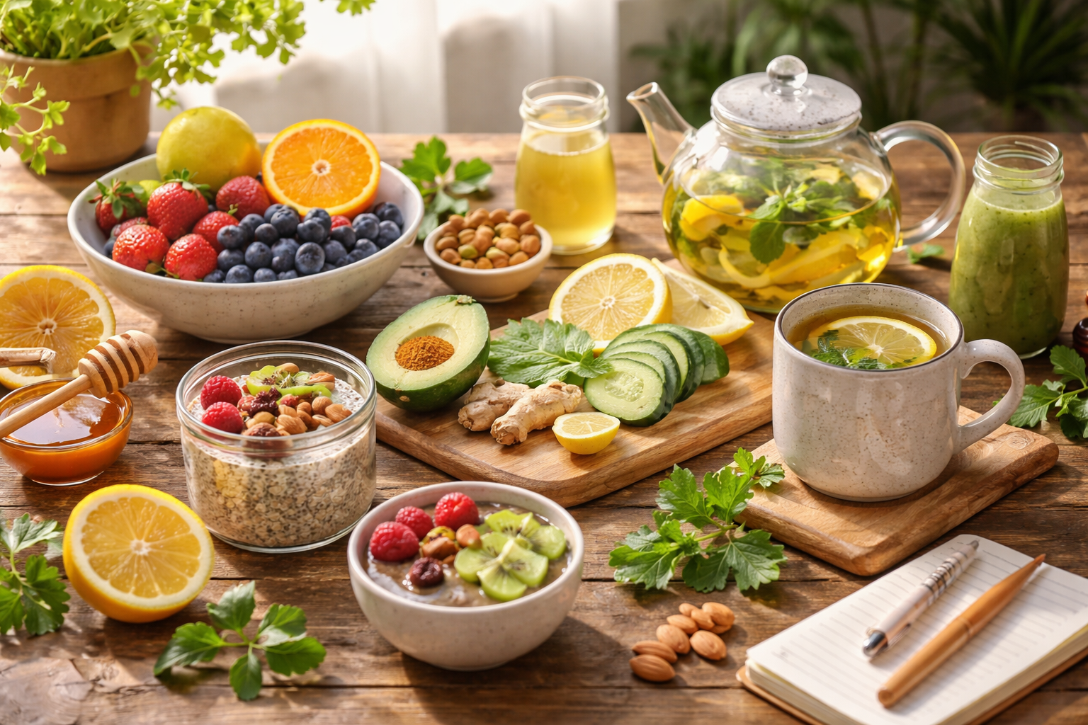 Morning wellness routine with natural ingredients, herbal tea, fresh fruits and vegetables on wooden table in soft daylight, healthy lifestyle concept