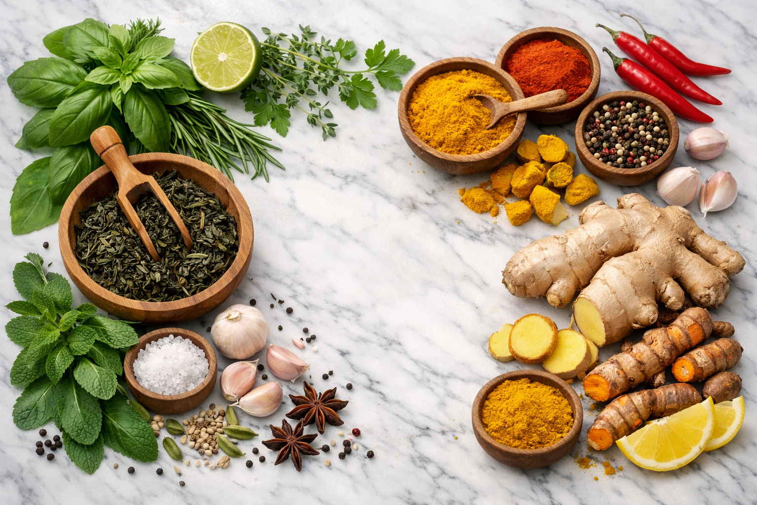 Fresh natural ingredients including herbs, spices, green tea leaves, ginger root and turmeric on marble surface, healthy nutrition concept